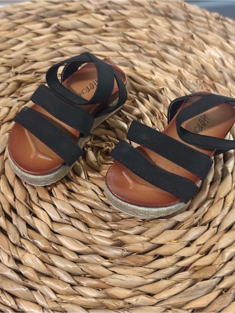 Baby Black Elastic Strap Sandals with Brown Footbed